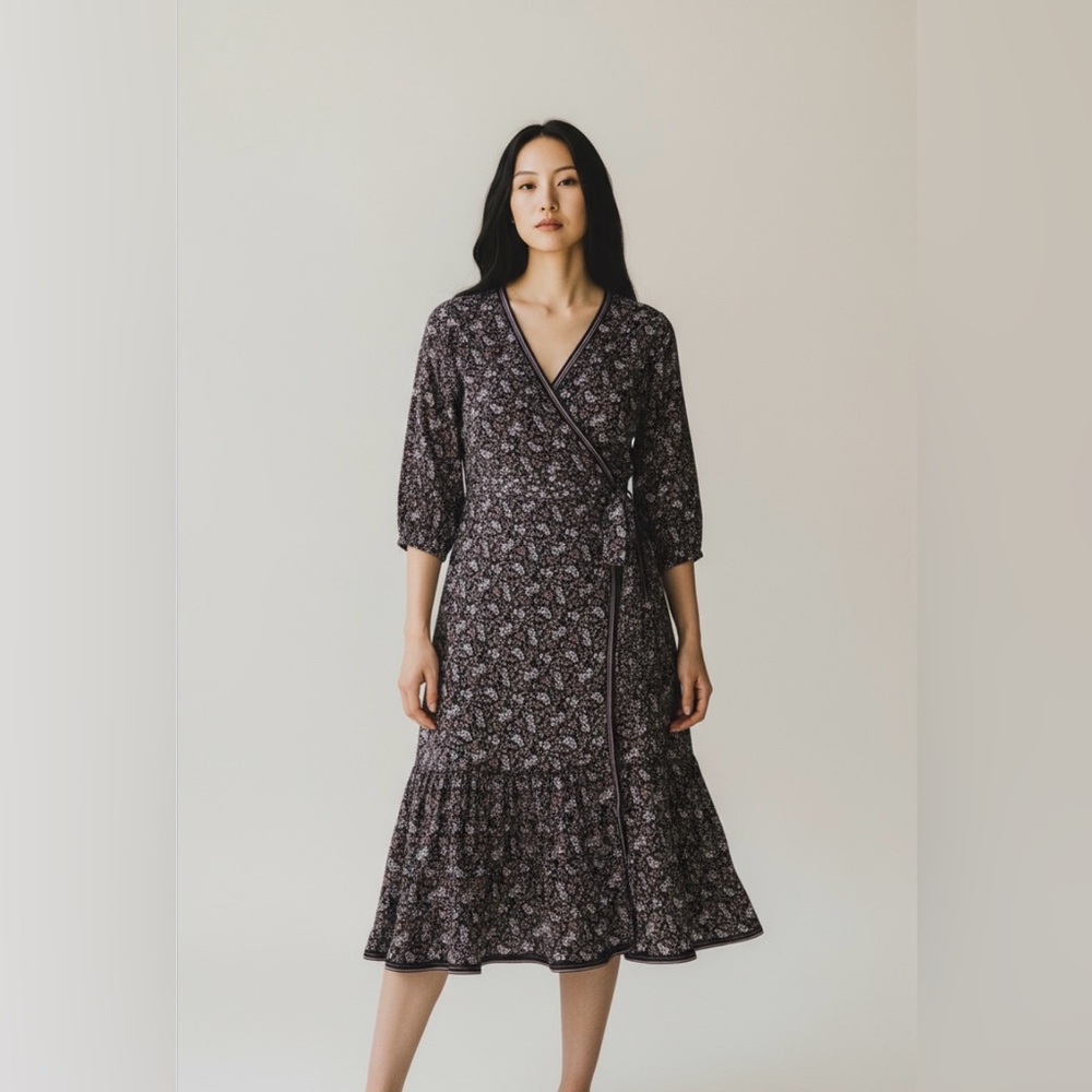 Max Studio Black Floral Wrap Midi Dress size S small new - Picture 12 of 12